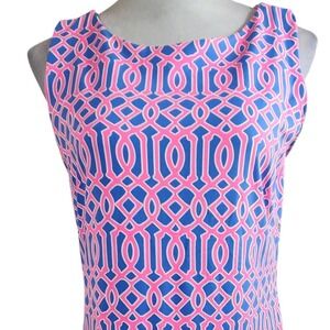 Lulu B Geometric Print Shift Dress Womens Medium Pink Blue Colorful Stretch Golf